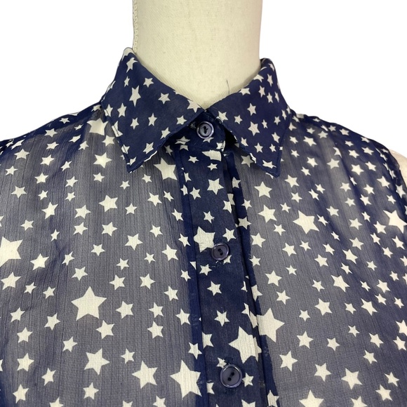 Star Print Lattice Sleeveless Blouse M Tie Waist Collared Caged Navy Blue Top - Picture 5 of 13